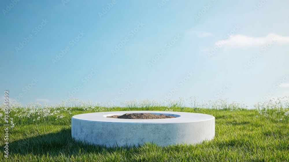 Poster fantasy 3d rendering of a circular podium set in a grassy field featuring a round soil cross section
