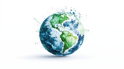 Fototapeta premium Vibrant watercolor globe showcasing splashes of green for land, perfect for travel and environmental themes.