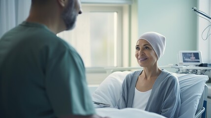 Obraz premium Cancerpatient consult with doctor in uniform in hospital