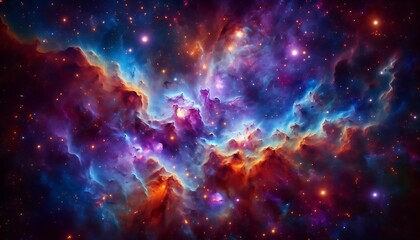Fototapeta premium A breathtaking image of a vibrant nebula, showcasing cosmic clouds of gas and dust illuminated by glowing stars. The swirling mix of blues, purples, and oranges creates a mesmerizing celestial spectac