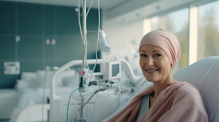 Portrait of the patient woman after chemotherapy female cancer patient wearing head scarf 