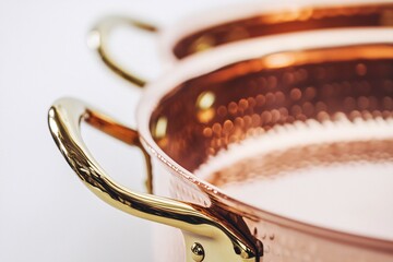 The lustrous copper cookware elegantly contrasts with a light backdrop, embodying a sleek design ideal for contemporary kitchens.