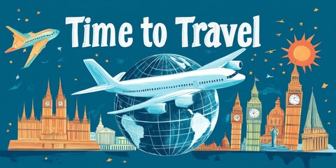 A plane flying over a globe with famous landmarks. The text "Time to Travel" suggests a vacation or travel adventure. It's a simple and colorful illustration about exploring the world.