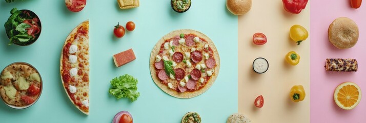 A variety of street food items, including tacos and pizza, are artistically laid out on colorful backgrounds, enhancing their visual appeal. Generative AI