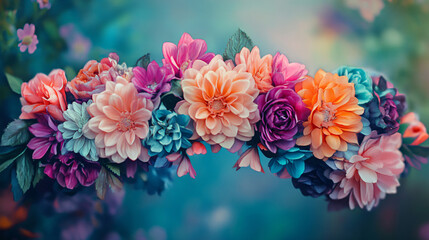 An artistic depiction of a flower crown made of colorful blooms, ideal for festivals and celebrations.