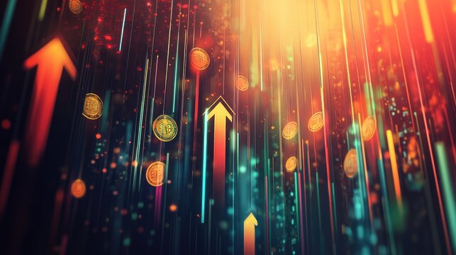 Digital coins and stock market arrows rising through a futuristic abstract landscape, symbolizing profitable investments and financial growth