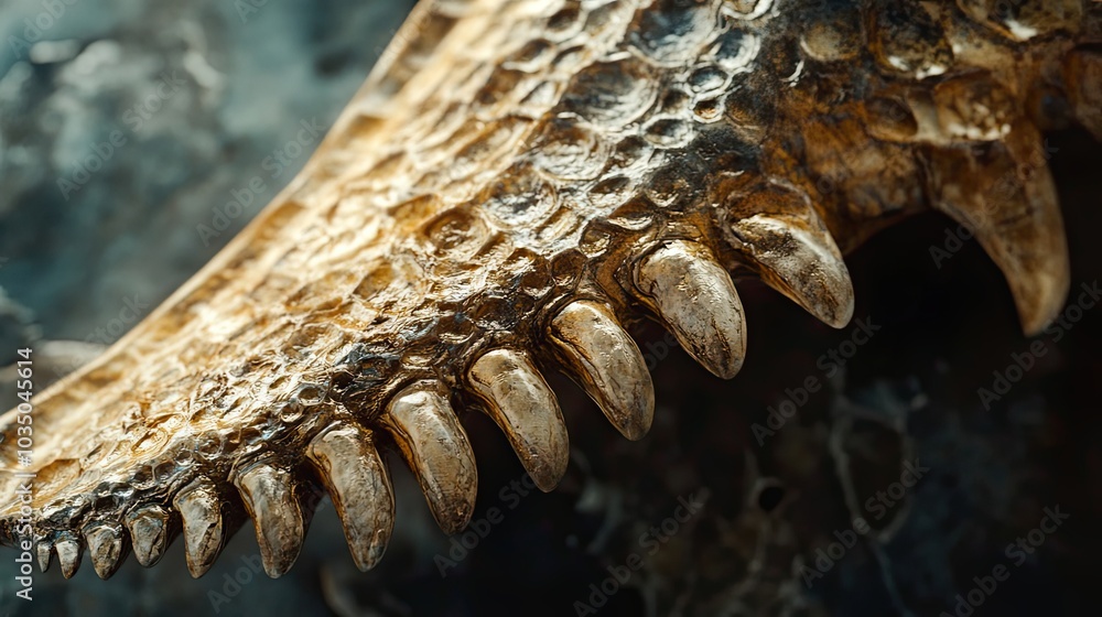 Poster close-up of a fossilized dinosaur jaw with sharp teeth