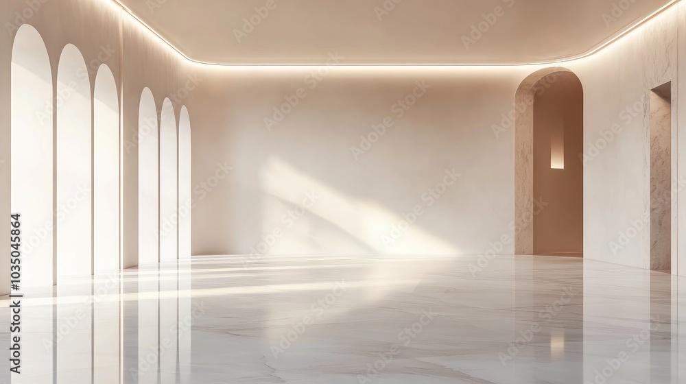 Poster 3d rendering of an empty interior space featuring a ceiling lamp neatly designed walls and a marble 