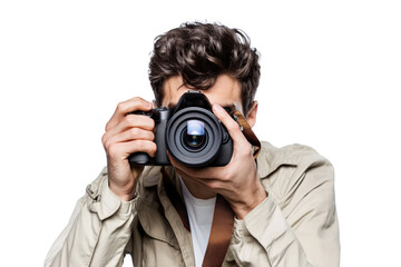 A male photographer in a casual outfit with a camera strap around his neck, holding a DSLR camera up to his eye as if taking a picture.