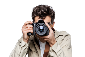 A male photographer in a casual outfit with a camera strap around his neck, holding a DSLR camera up to his eye as if taking a picture.