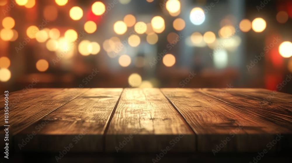 Aufkleber 3d rendering of an empty wooden tabletop with bokeh lights on a blurred restaurant backdrop