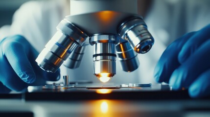 A person is looking through a microscope. The microscope has a blue lens. The person is wearing blue gloves