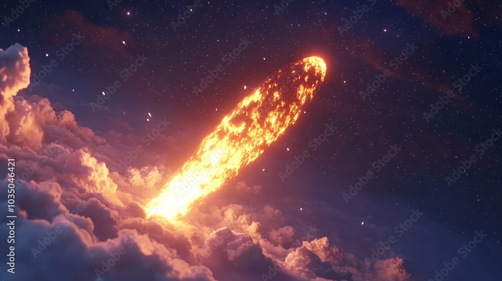 Poster a glowing meteor enters the atmosphere in a 3d cartoon rendering