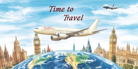 A plane flying over a globe with famous landmarks. The text "Time to Travel" suggests a vacation or travel adventure. It's a simple and colorful illustration about exploring the world.