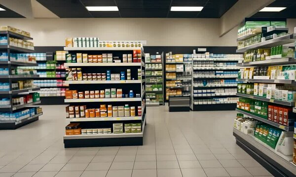 A well-organized pharmacy interior with shelves stocked with various health products.