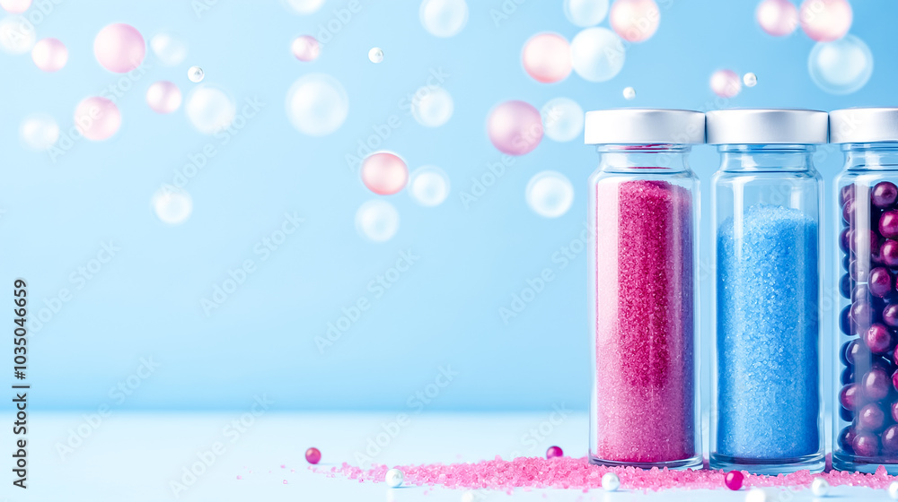 Poster a vibrant display of glass containers holds pink and blue sparkling powders along with colorful bead