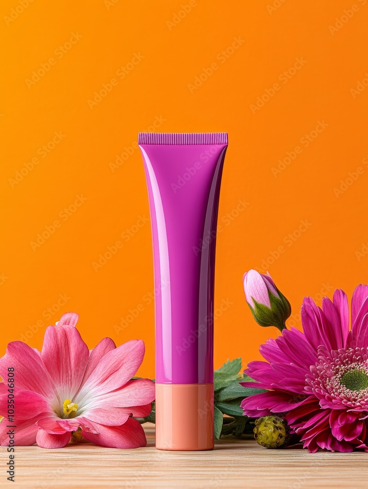 Poster tube of pink makeup sits on a table next to a bunch of pink flowers. flowers are arranged in a way t