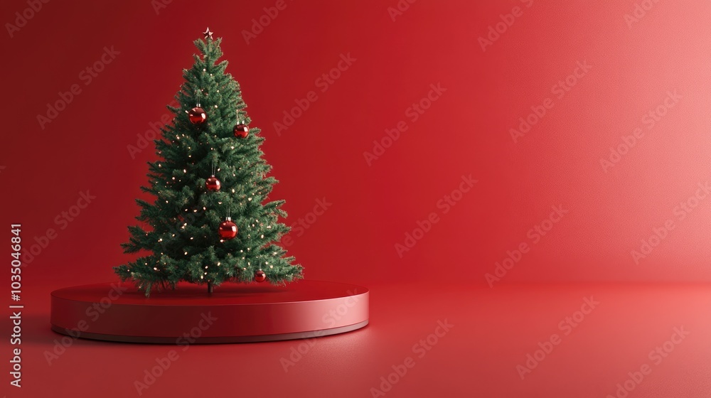 Poster circular podium and christmas tree for a festive atmosphere on a red backdrop abstract studio settin