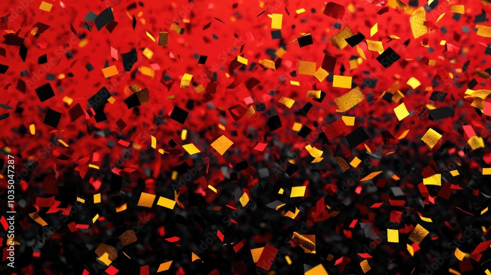 Poster mock up of falling confetti in red black and gold colors with blank space for text red yellow and bl