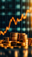Stock market graph going upwards with stacks of coins in the foreground, symbolizing algorithmic trading, financial growth, investment progress, market rise
