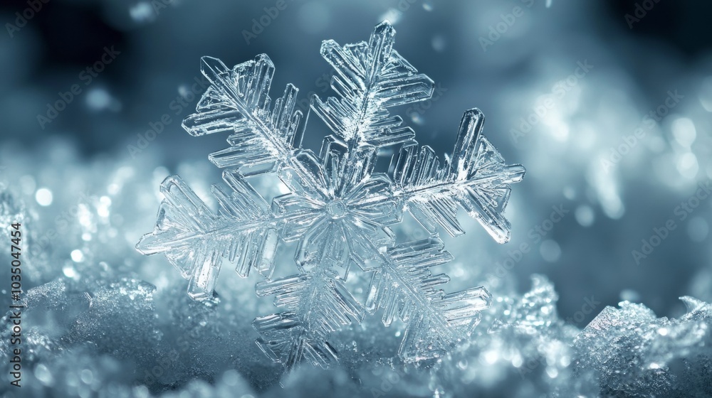 Poster a close-up view of a delicate snowflake resting on fresh snow in a winter landscape, capturing its i