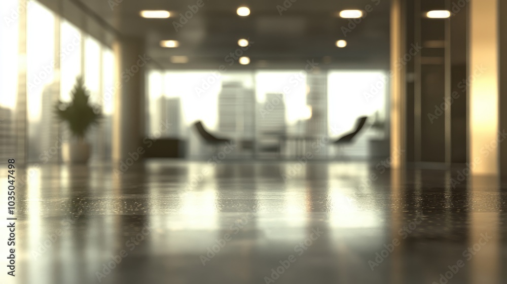 Poster 3d rendering of a blurred empty office space with abstract light bokeh in the interior background
