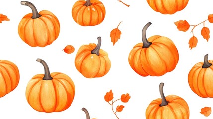 Seamless cartoon watercolor pattern featuring orange pumpkins Represents the fall season and harvesting with hand drawn elements on a white background ideal for autumn themed designs posters cards