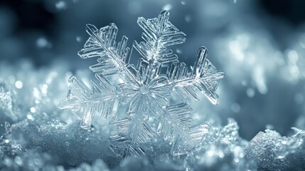A close-up view of a delicate snowflake resting on fresh snow in a winter landscape, capturing its intricate design and shimmering beauty