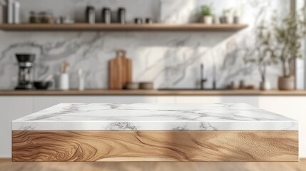 Marble tabletop set on wooden platform with space for logo in blurred kitchen setting