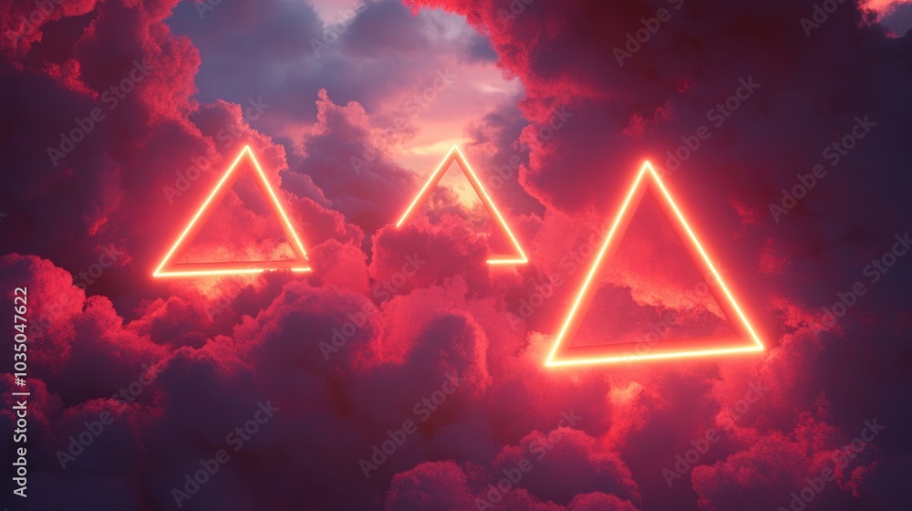 Poster red neon triangles in clouds 3d cartoon rendering
