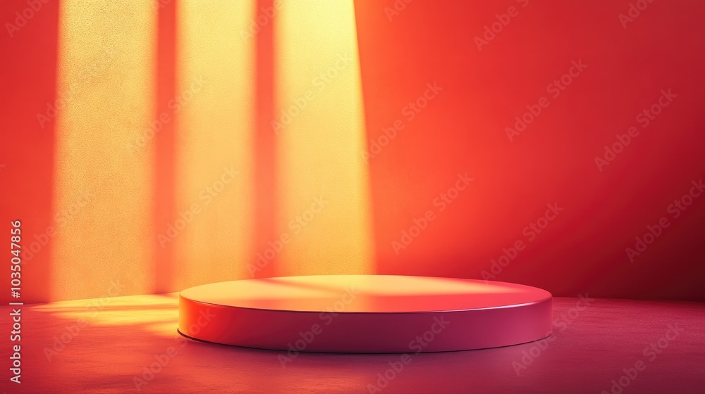 Poster pink circular podium on an orange abstract background 3d rendering