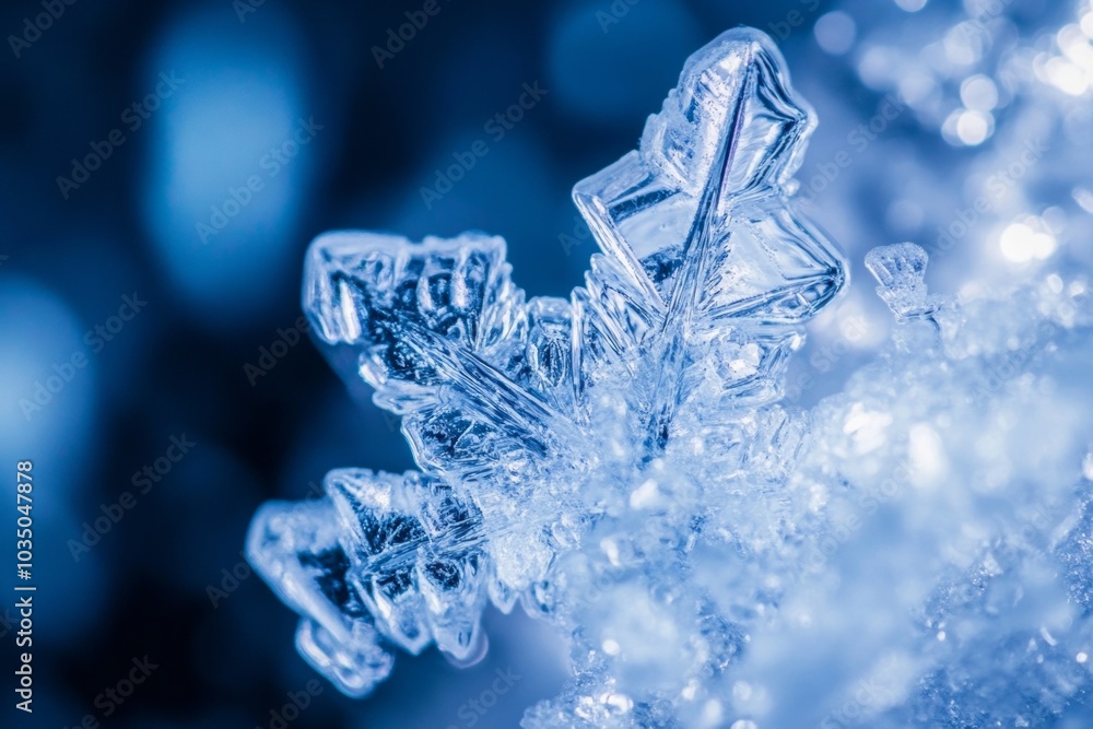 Poster delicate ice crystal glimmers under soft blue light, showcasing intricate snowflake patterns in wint