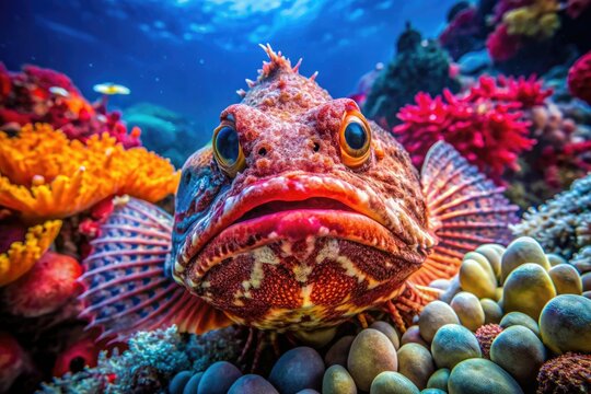 The underwater world unfolds as stonefish skillfully blend into the vibrant hues of coral reefs, showcasing nature's artistry in survival and protection.