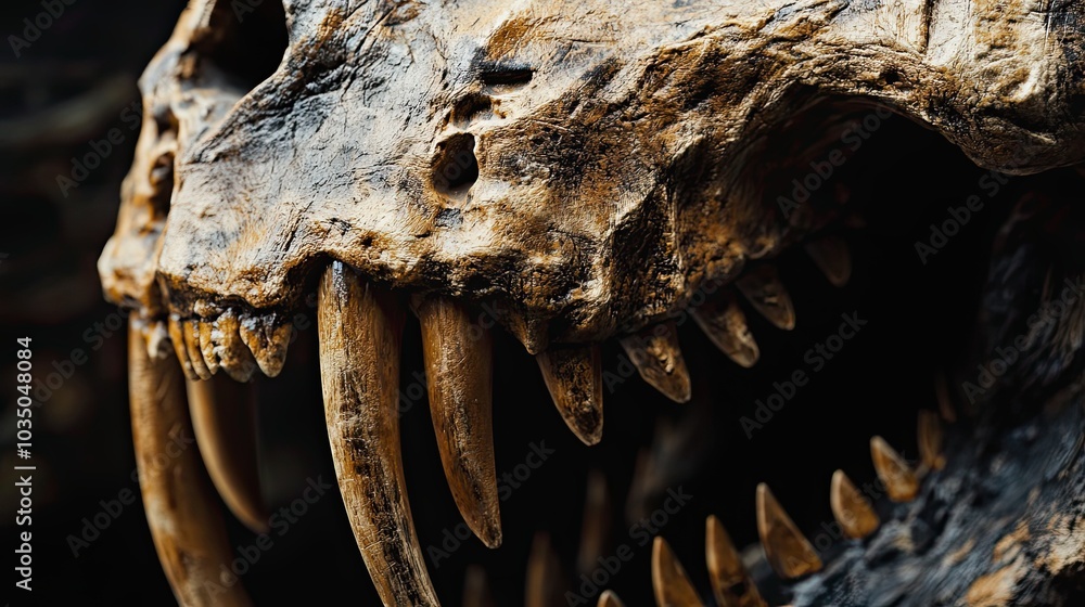 Poster close-up of a fossilized dinosaur skull with sharp teeth