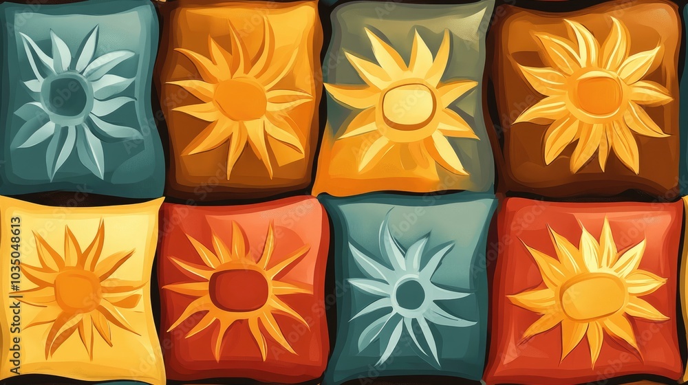 Poster seamless pattern featuring a color composition of pillow elements with a background of square suns
