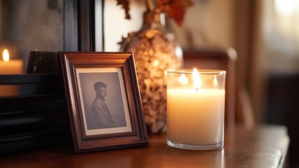 Lit candle next to framed photo on wooden surface, creating warm, nostalgic atmosphere