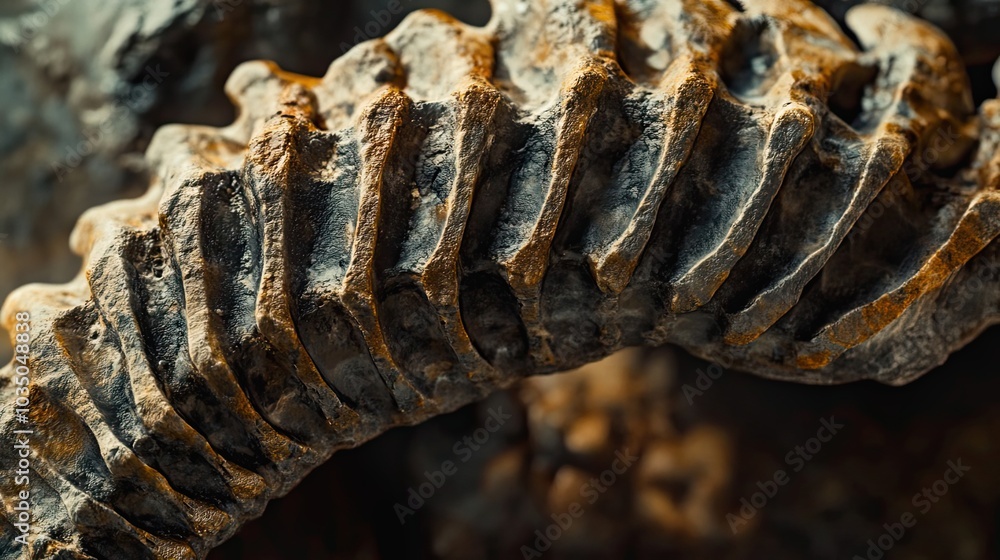 Poster close-up of a fossilized ammonite shell with intricate texture