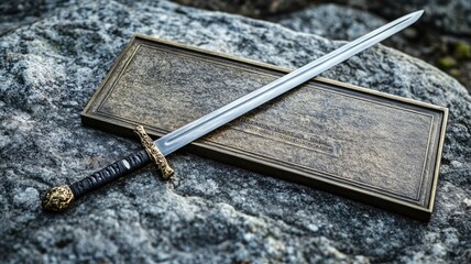 Elegant medieval sword with decorated hilt on textured background