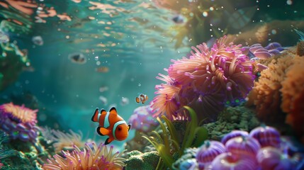 Obraz premium A peaceful aquarium scene with a variety of tropical fish, vibrant aquatic plants, and gentle water movement