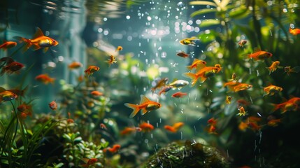 A peaceful aquarium scene with a variety of tropical fish, vibrant aquatic plants, and gentle water movement