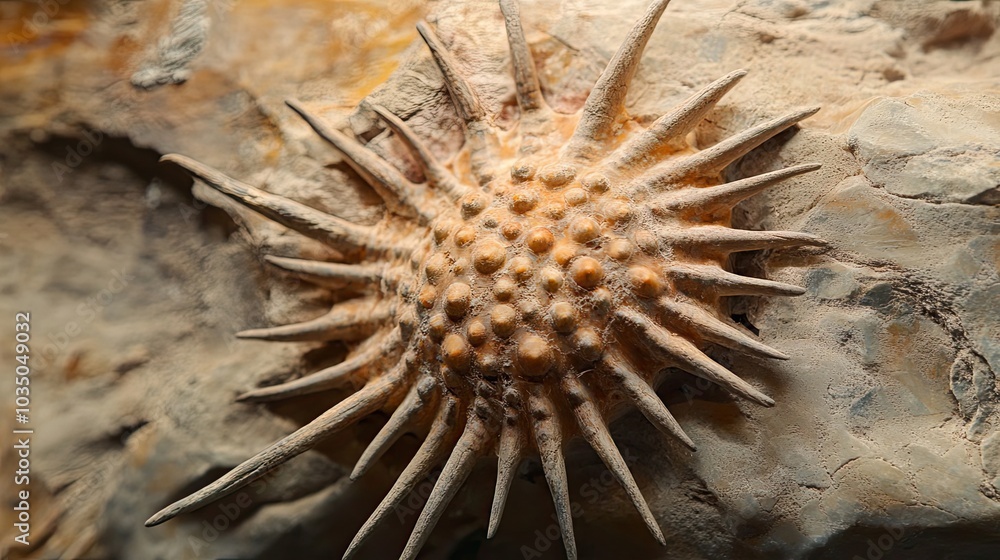 Poster fossilized spiky sea creature embedded in stone