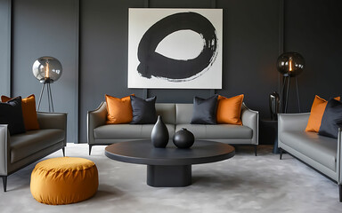 Modern Loft Interior Design with Gray Leather Sofa, Orange Cushions, and a Sleek Floor Lamp