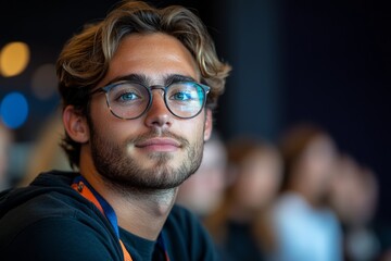 Man with glasses is smiling at the camera. He is wearing a black shirt and a blue and orange lanyard