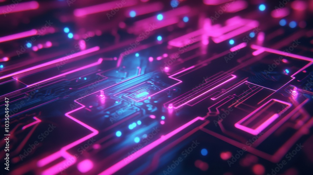 Poster digital circuit board design with glowing lines on a dark background