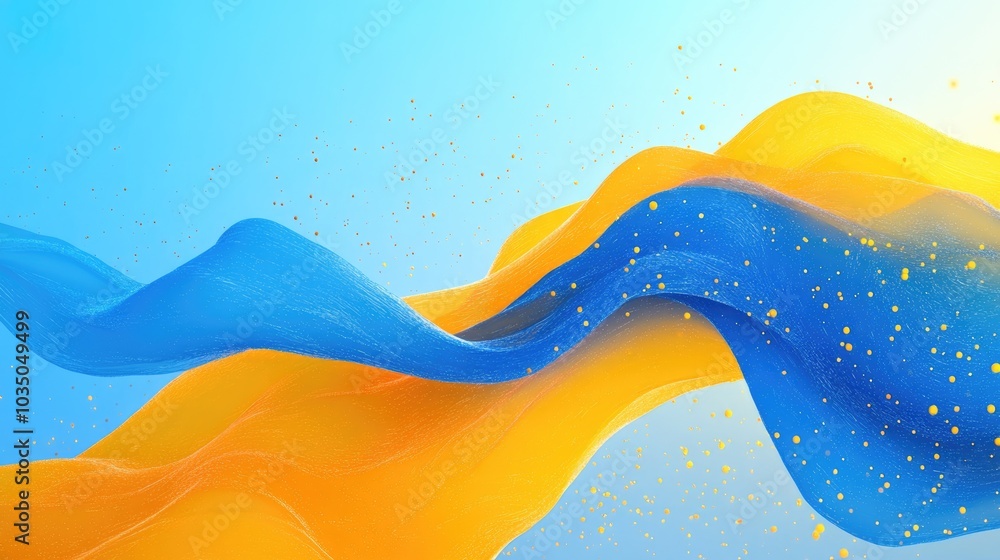 Poster abstract futuristic background with blue and yellow waves lightning and energy field sparkling parti