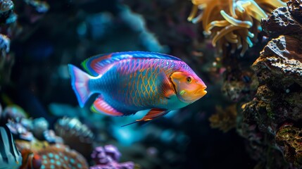 Fototapeta premium A peaceful aquarium scene with a variety of tropical fish, vibrant aquatic plants, and gentle water movement