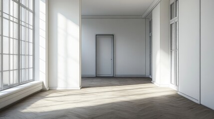 Obraz premium 3D rendering of an empty interior space featuring white walls and wooden flooring with a door positioned in the corner