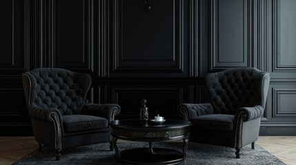 3D rendering of armchairs and a coffee table in a classic black interior