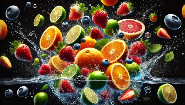 Verschiedene Obstsorten fallen ins Wasser vor schwarzem Hintergrund