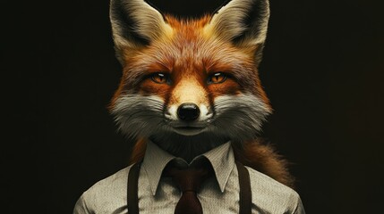 Playful fox dressed in a shirt and tie